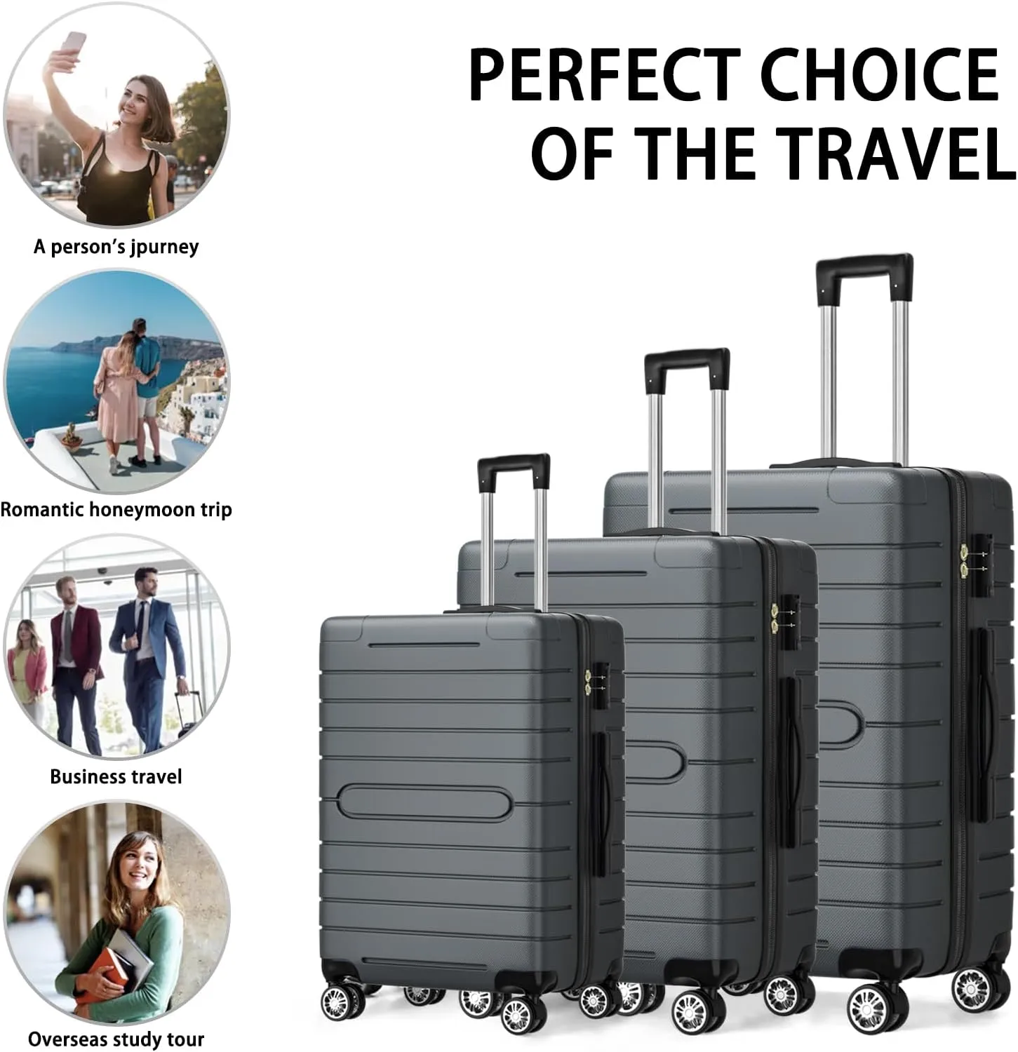 3 Piece Luggage Set ABS Hardshell Luggage Sets with Spinner Wheel TSA Lock Suitcase, 20/24/28 Inch (Gray)