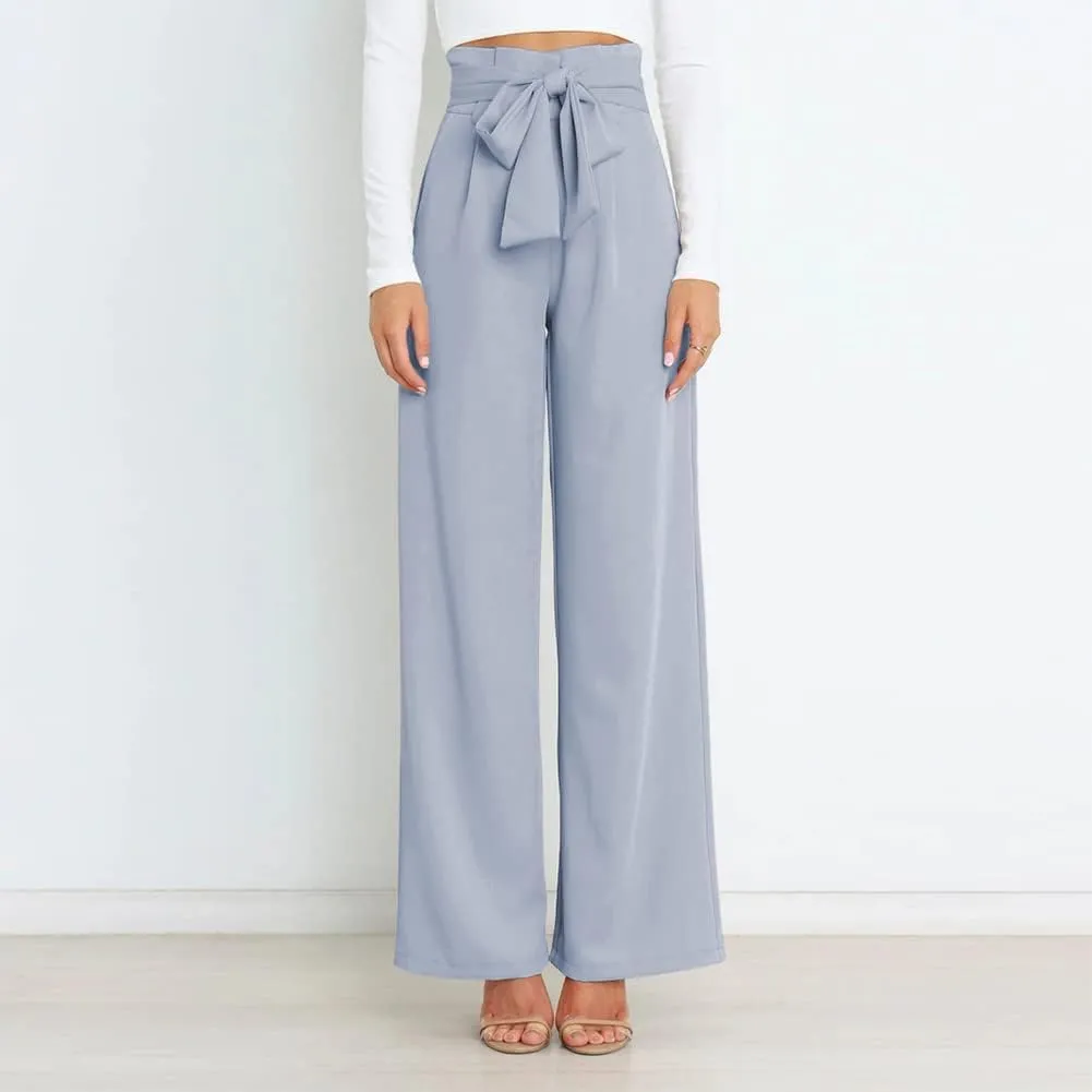 ABAFIP Women's High Waist Wide Leg Pants Business Work Office Casual Flared Palazzo Long Pants Belted Trousers