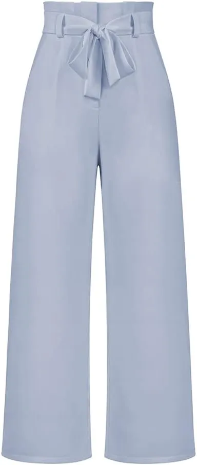 ABAFIP Women's High Waist Wide Leg Pants Business Work Office Casual Flared Palazzo Long Pants Belted Trousers