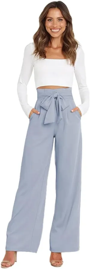 ABAFIP Women's High Waist Wide Leg Pants Business Work Office Casual Flared Palazzo Long Pants Belted Trousers