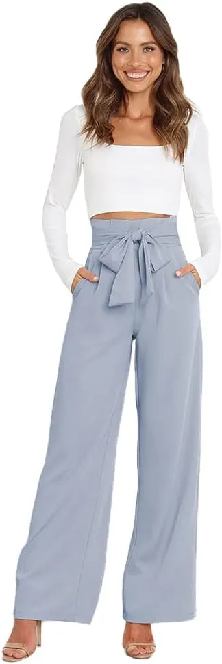 ABAFIP Women's High Waist Wide Leg Pants Business Work Office Casual Flared Palazzo Long Pants Belted Trousers