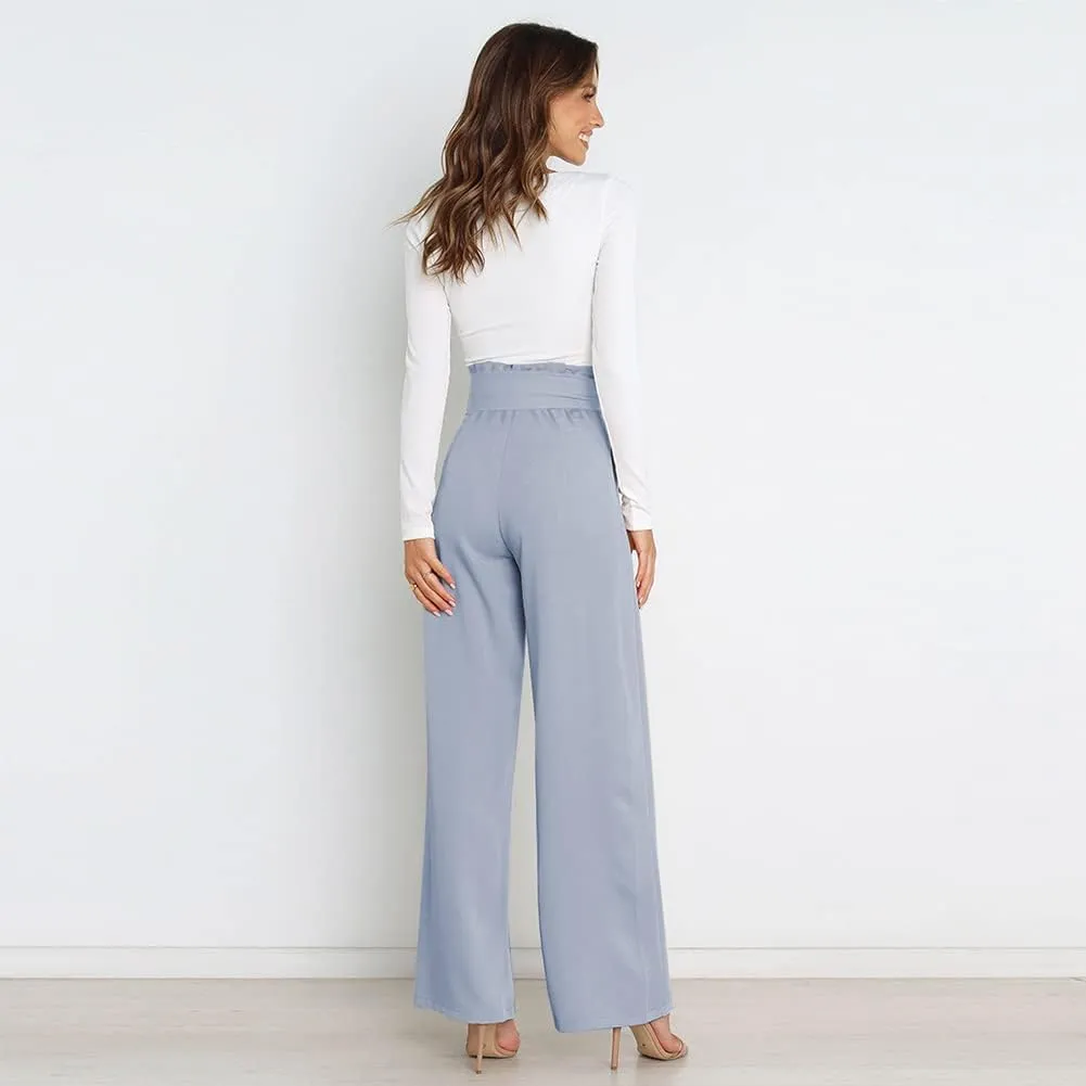 ABAFIP Women's High Waist Wide Leg Pants Business Work Office Casual Flared Palazzo Long Pants Belted Trousers