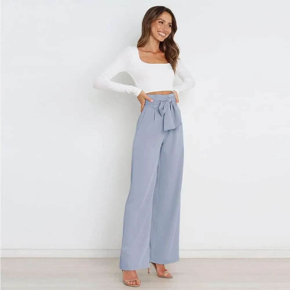 ABAFIP Women's High Waist Wide Leg Pants Business Work Office Casual Flared Palazzo Long Pants Belted Trousers
