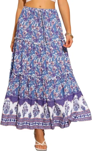 Allegra K Summer Boho Maxi Skirts for Women's Floral Flowy Ruffle Skirt with Pockets A-Line Tiered Long Skirts