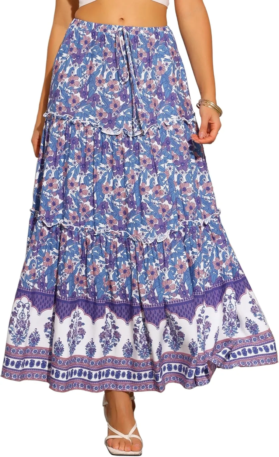 Allegra K Summer Boho Maxi Skirts for Women's Floral Flowy Ruffle Skirt with Pockets A-Line Tiered Long Skirts