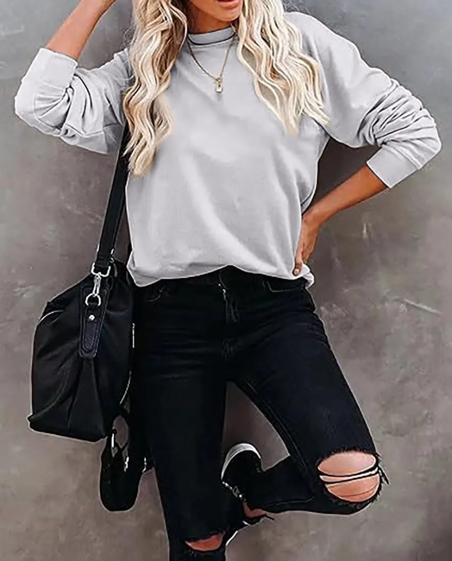 ALUS Womens Casual Crewneck Sweatshirt Long Sleeve Tops Cute Pullover Loose Fit