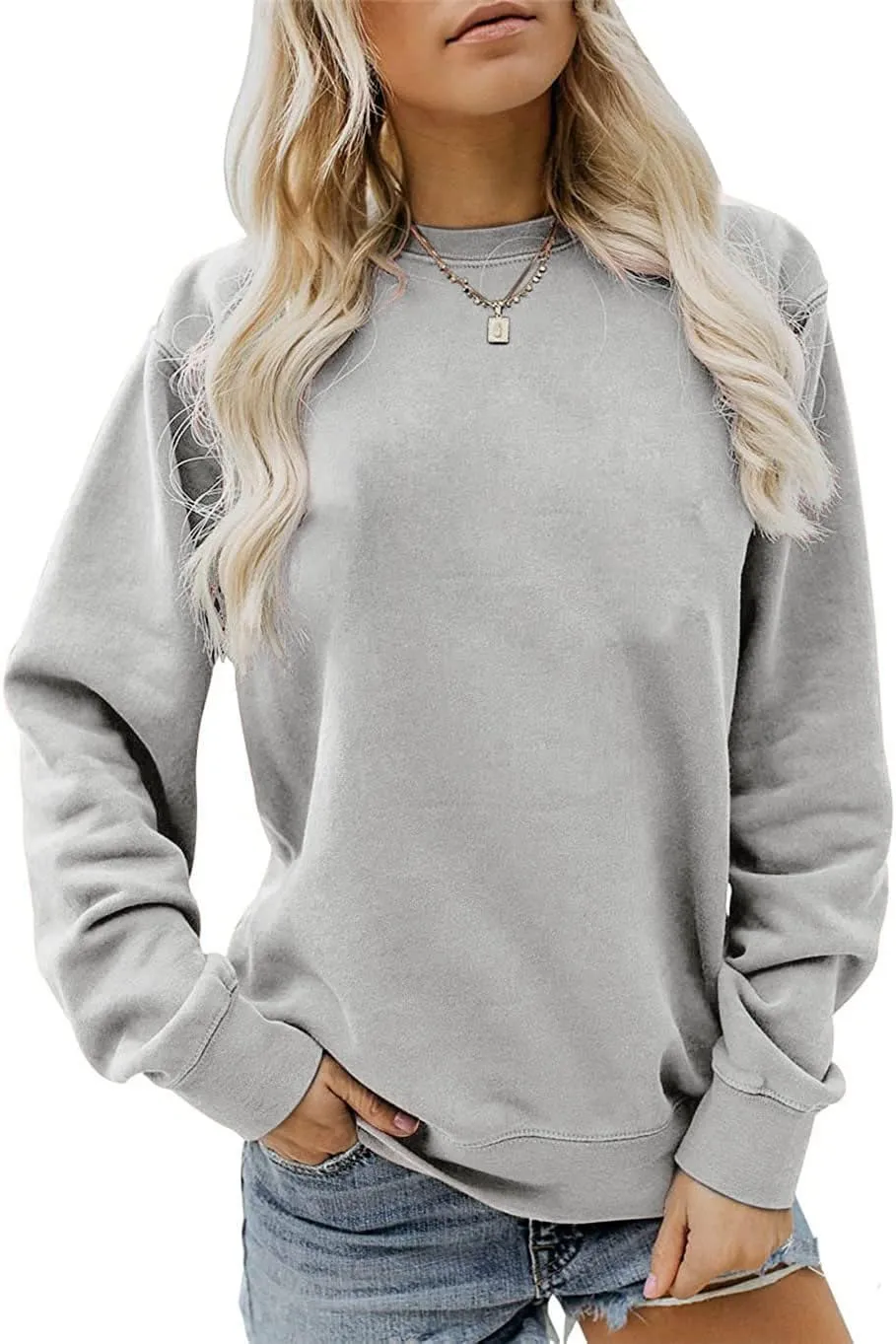 ALUS Womens Casual Crewneck Sweatshirt Long Sleeve Tops Cute Pullover Loose Fit