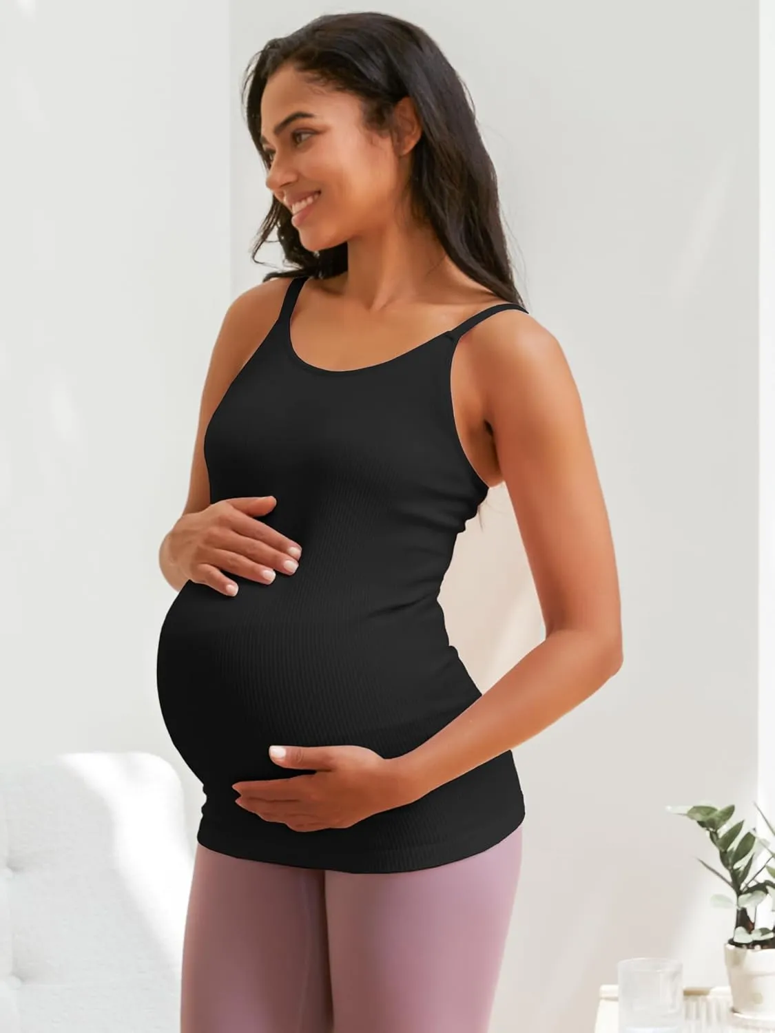 ATTRACO Maternity Tank Tops with Built in Bra Ribbed Pregnancy Clothes Adjustable Straps