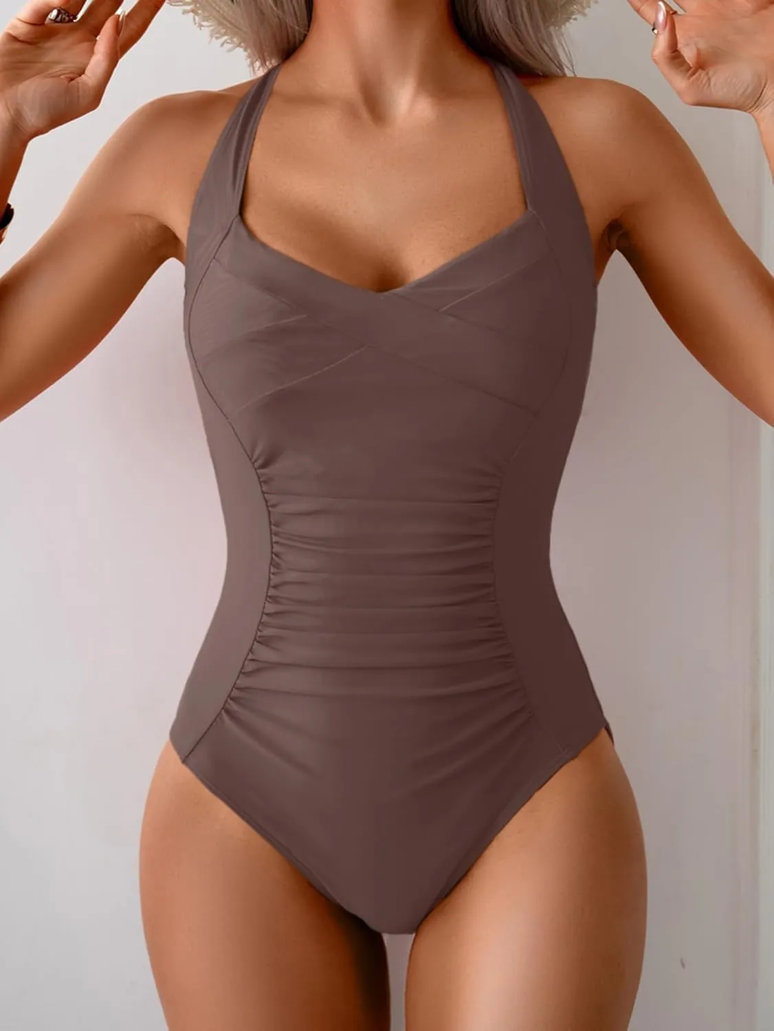B2prity One Piece Swimsuit for Women Tummy Control Bathing Suits Ruched Slimming Swim Suit Push Up Tie Back Swimwear