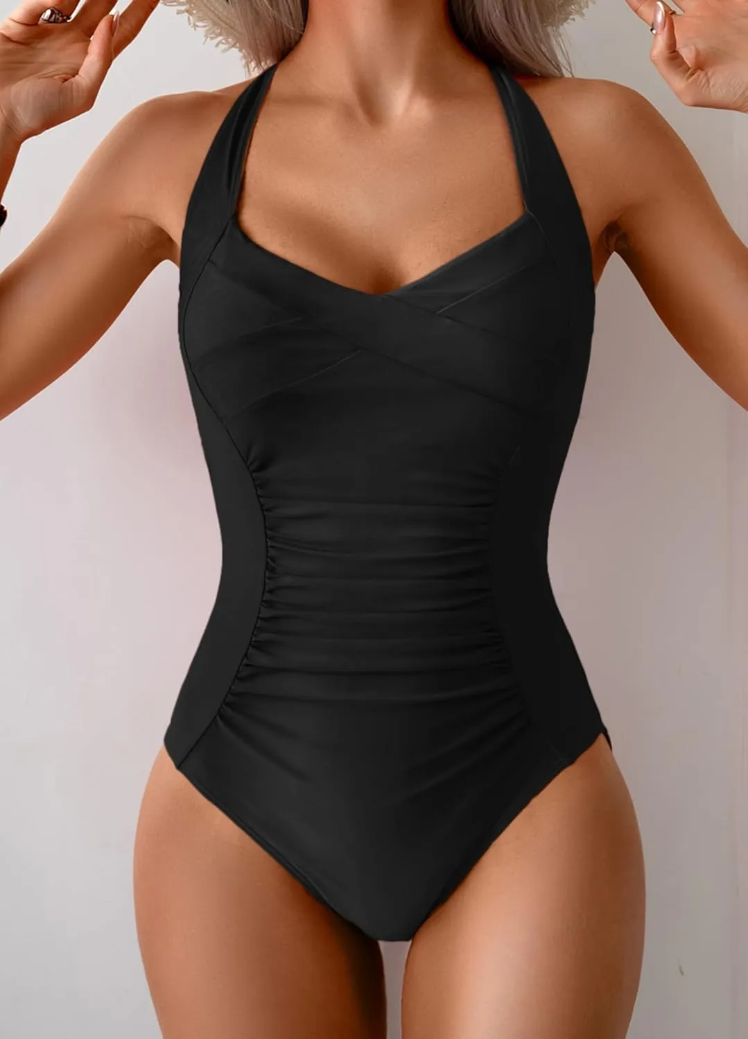 B2prity One Piece Swimsuit for Women Tummy Control Bathing Suits Ruched Slimming Swim Suit Push Up Tie Back Swimwear