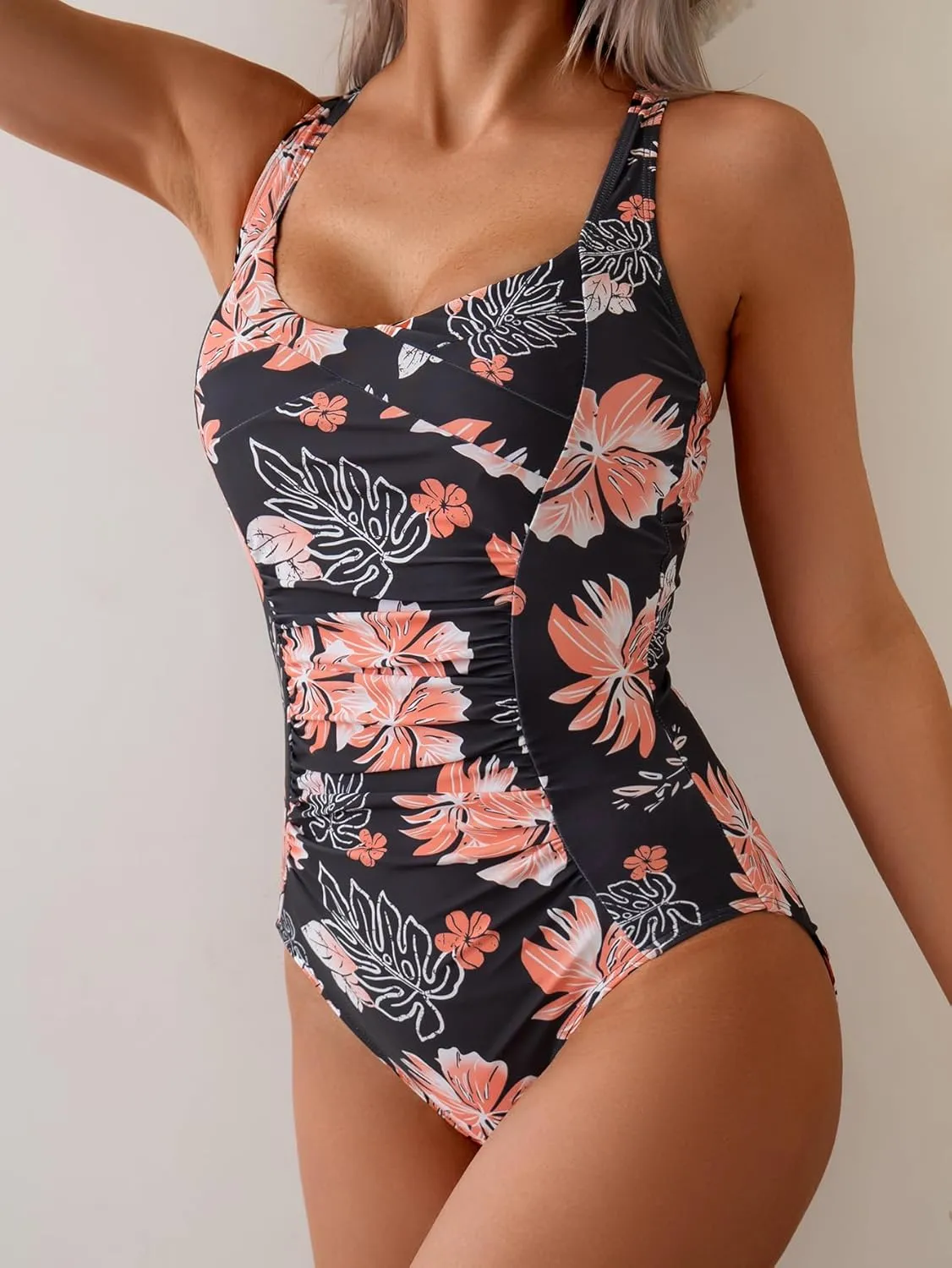 B2prity One Piece Swimsuit for Women Tummy Control Bathing Suits Ruched Slimming Swim Suit Push Up Tie Back Swimwear