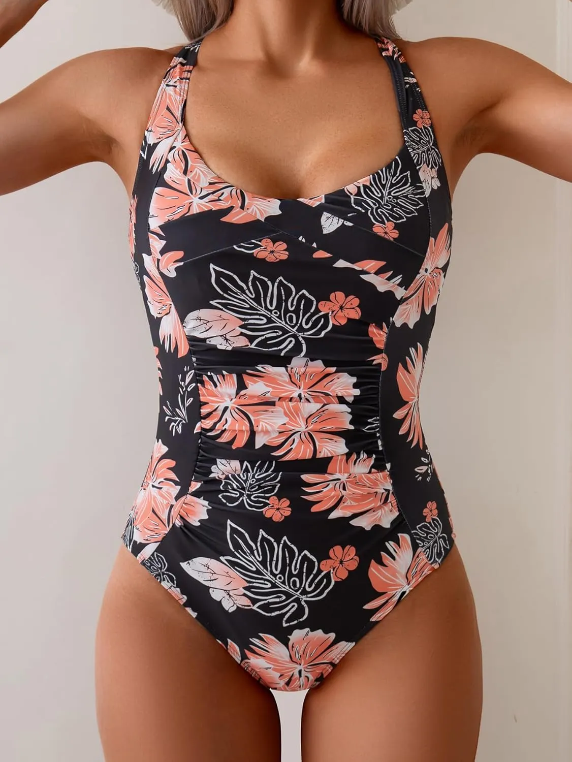 B2prity One Piece Swimsuit for Women Tummy Control Bathing Suits Ruched Slimming Swim Suit Push Up Tie Back Swimwear