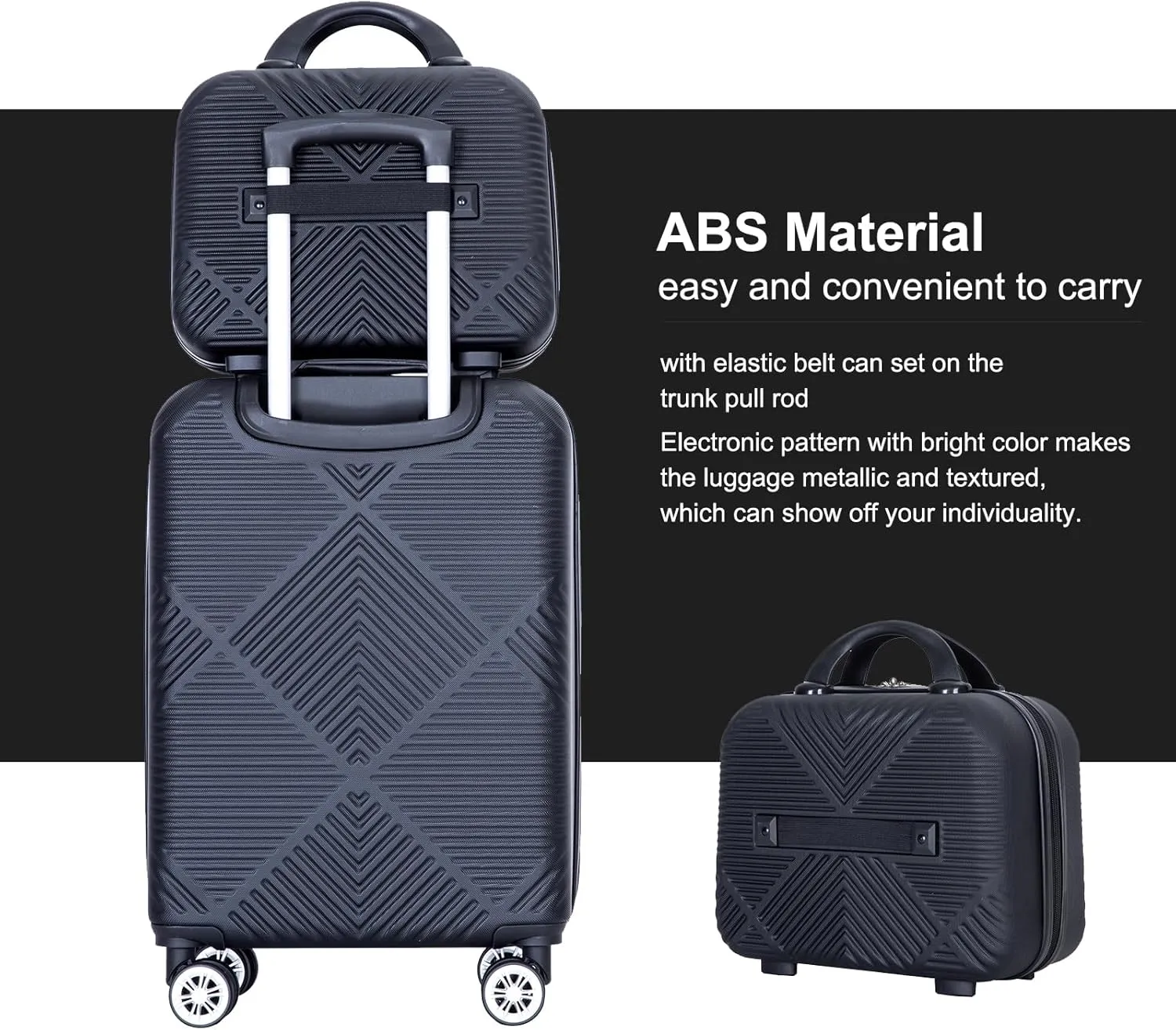belupai 2 Piece Carry on Luggage Set,ABS HardShell Suitcase with Spinner Wheels,20" Carry On Luggage and 14" Mini Cosmetic Cases Luggage (Black)