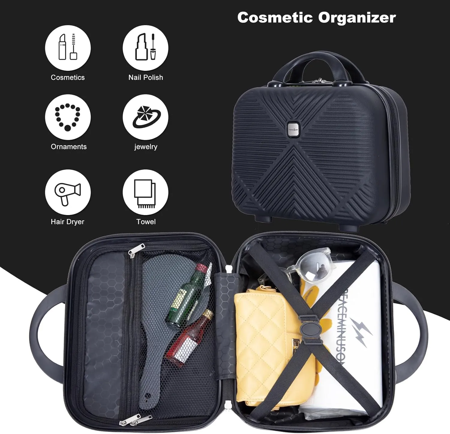 belupai 2 Piece Carry on Luggage Set,ABS HardShell Suitcase with Spinner Wheels,20" Carry On Luggage and 14" Mini Cosmetic Cases Luggage (Black)