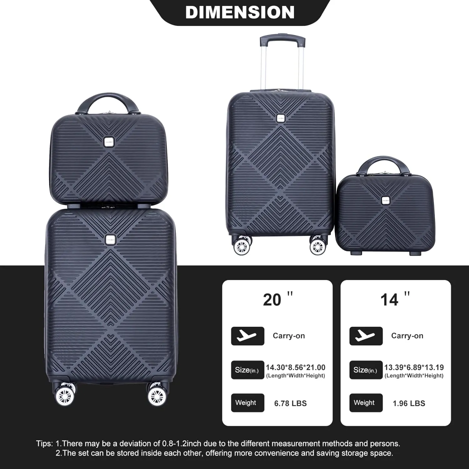 belupai 2 Piece Carry on Luggage Set,ABS HardShell Suitcase with Spinner Wheels,20" Carry On Luggage and 14" Mini Cosmetic Cases Luggage (Black)
