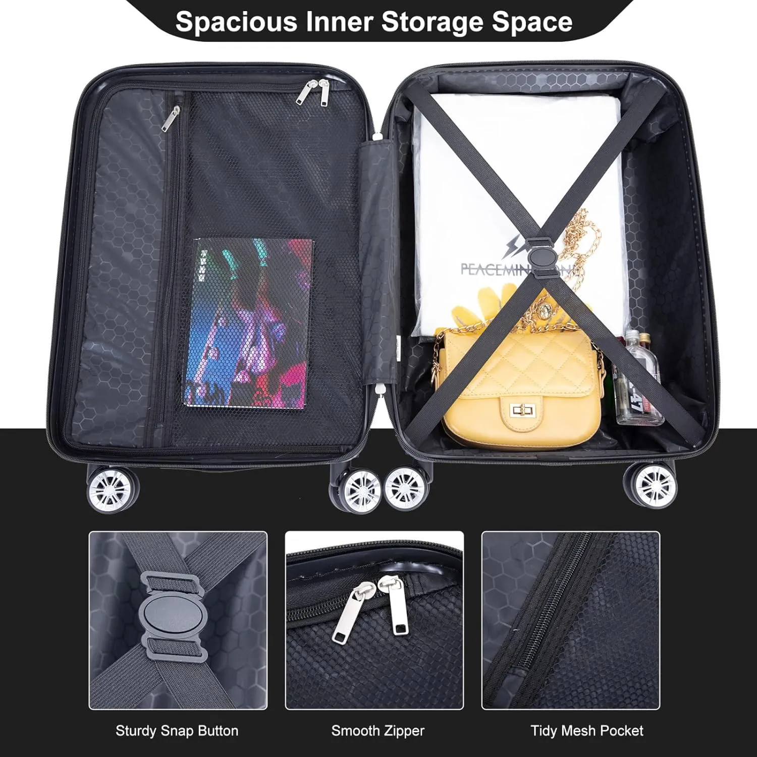 belupai 2 Piece Carry on Luggage Set,ABS HardShell Suitcase with Spinner Wheels,20" Carry On Luggage and 14" Mini Cosmetic Cases Luggage (Black)