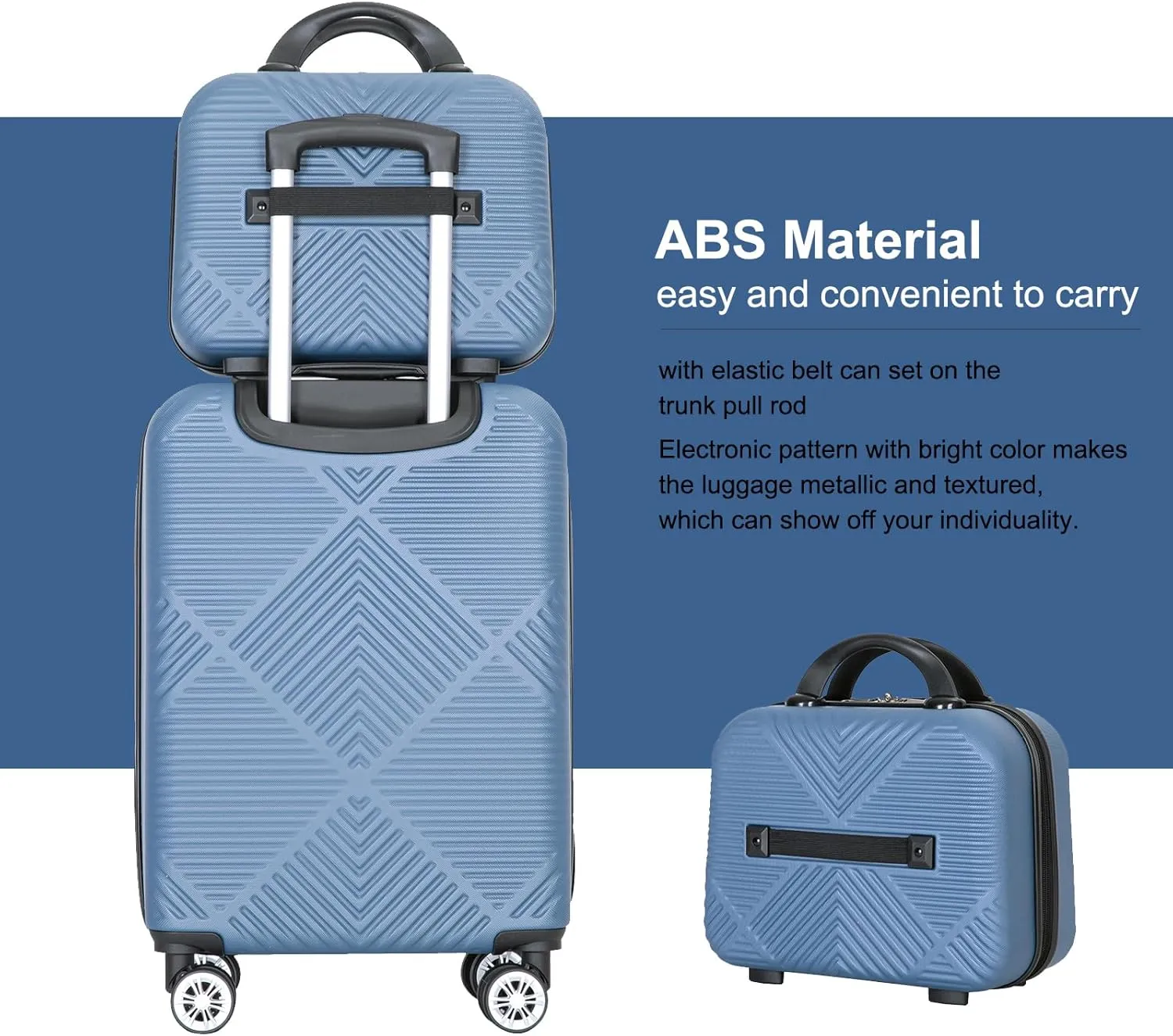 belupai 2 Piece Carry on Luggage Set,ABS HardShell Suitcase with Spinner Wheels,20" Carry On Luggage and 14" Mini Cosmetic Cases Luggage (Blue)
