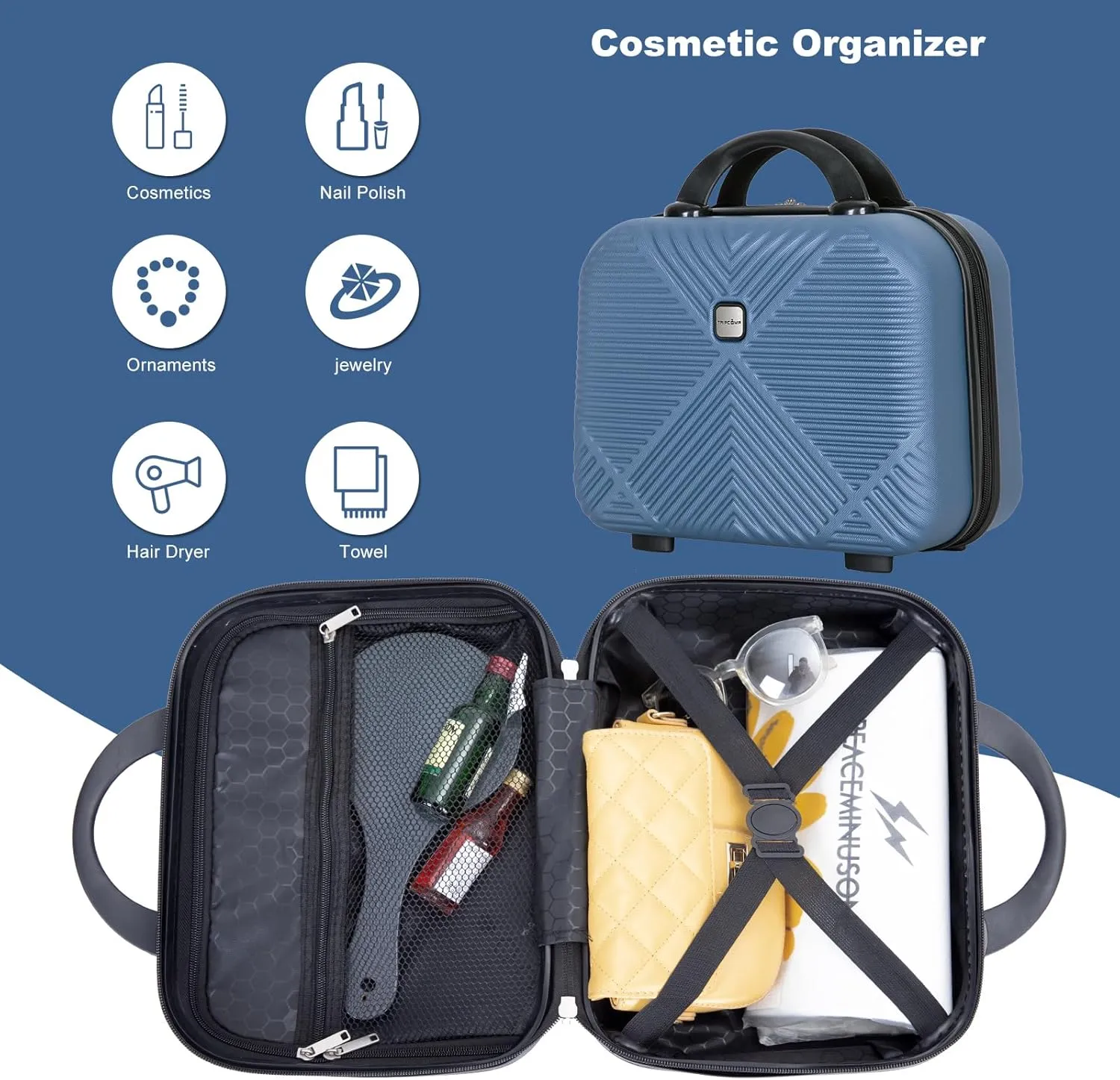 belupai 2 Piece Carry on Luggage Set,ABS HardShell Suitcase with Spinner Wheels,20" Carry On Luggage and 14" Mini Cosmetic Cases Luggage (Blue)