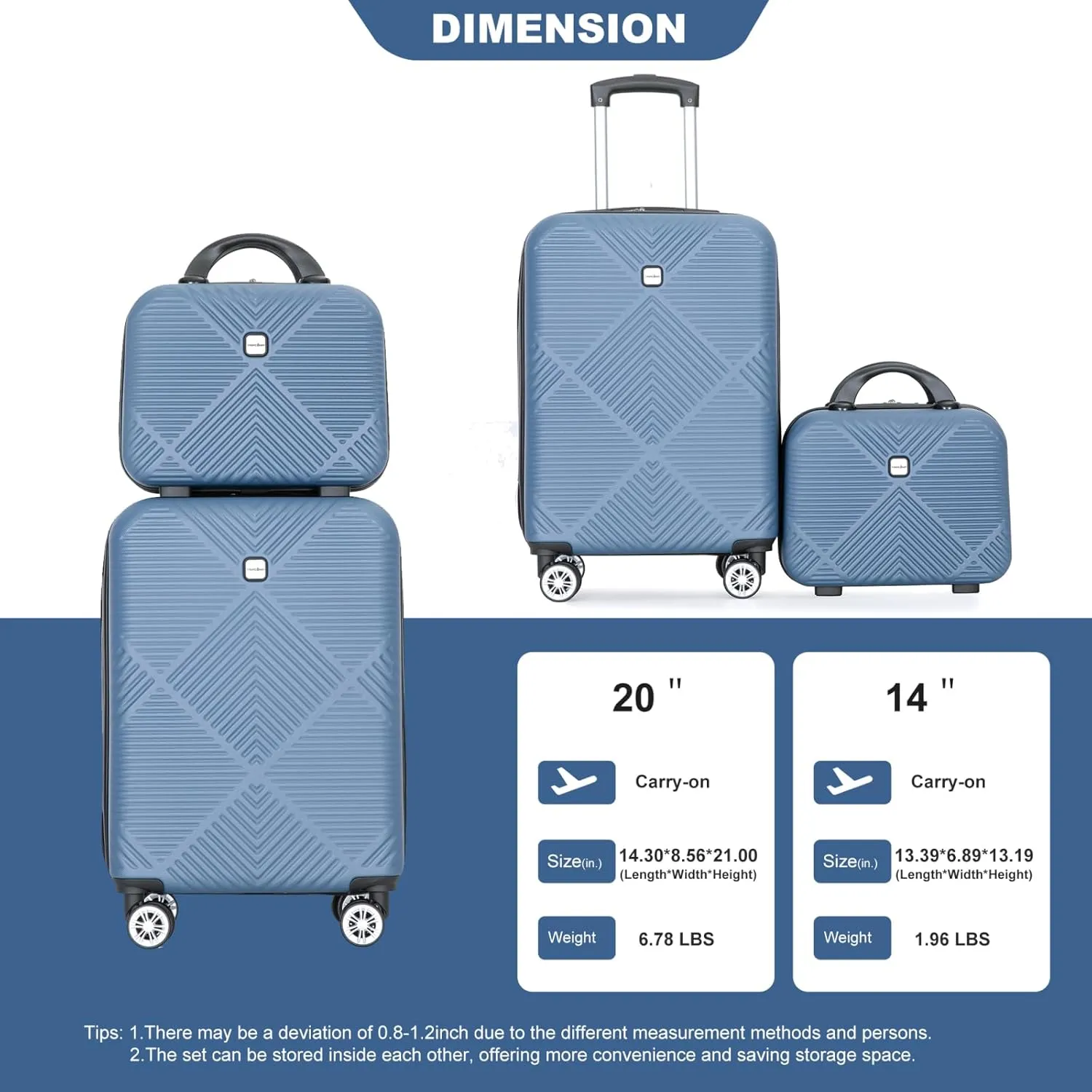 belupai 2 Piece Carry on Luggage Set,ABS HardShell Suitcase with Spinner Wheels,20" Carry On Luggage and 14" Mini Cosmetic Cases Luggage (Blue)