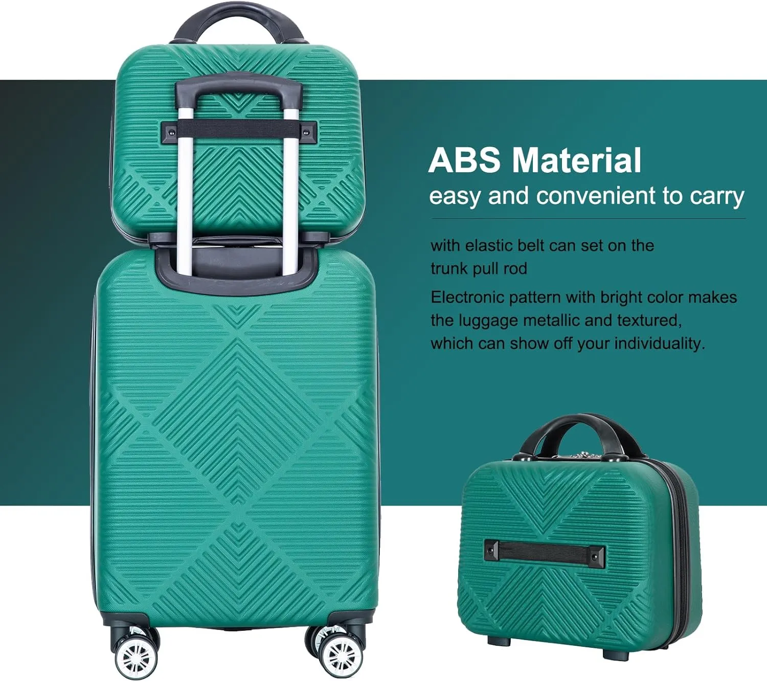 belupai 2 Piece Carry on Luggage Set,ABS HardShell Suitcase with Spinner Wheels,20" Carry On Luggage and 14" Mini Cosmetic Cases Luggage (Dark Green)