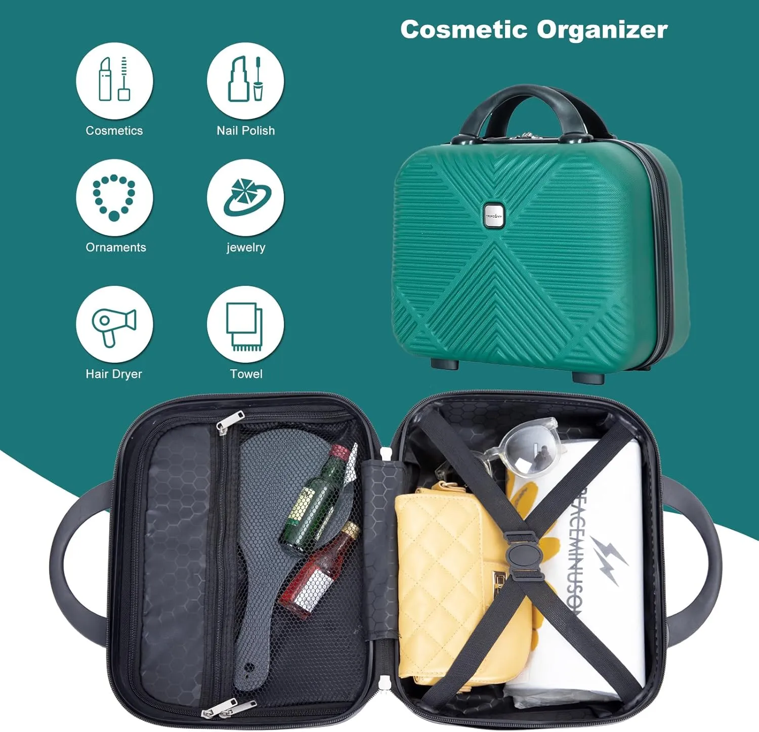 belupai 2 Piece Carry on Luggage Set,ABS HardShell Suitcase with Spinner Wheels,20" Carry On Luggage and 14" Mini Cosmetic Cases Luggage (Dark Green)