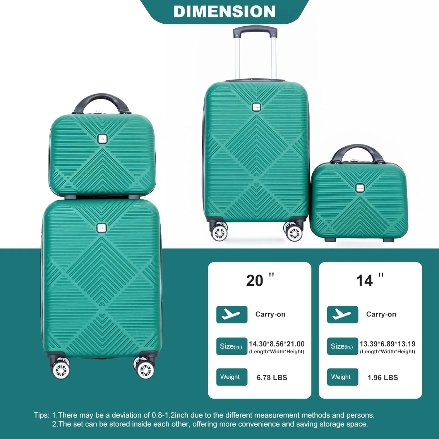 belupai 2 Piece Carry on Luggage Set,ABS HardShell Suitcase with Spinner Wheels,20" Carry On Luggage and 14" Mini Cosmetic Cases Luggage (Dark Green)