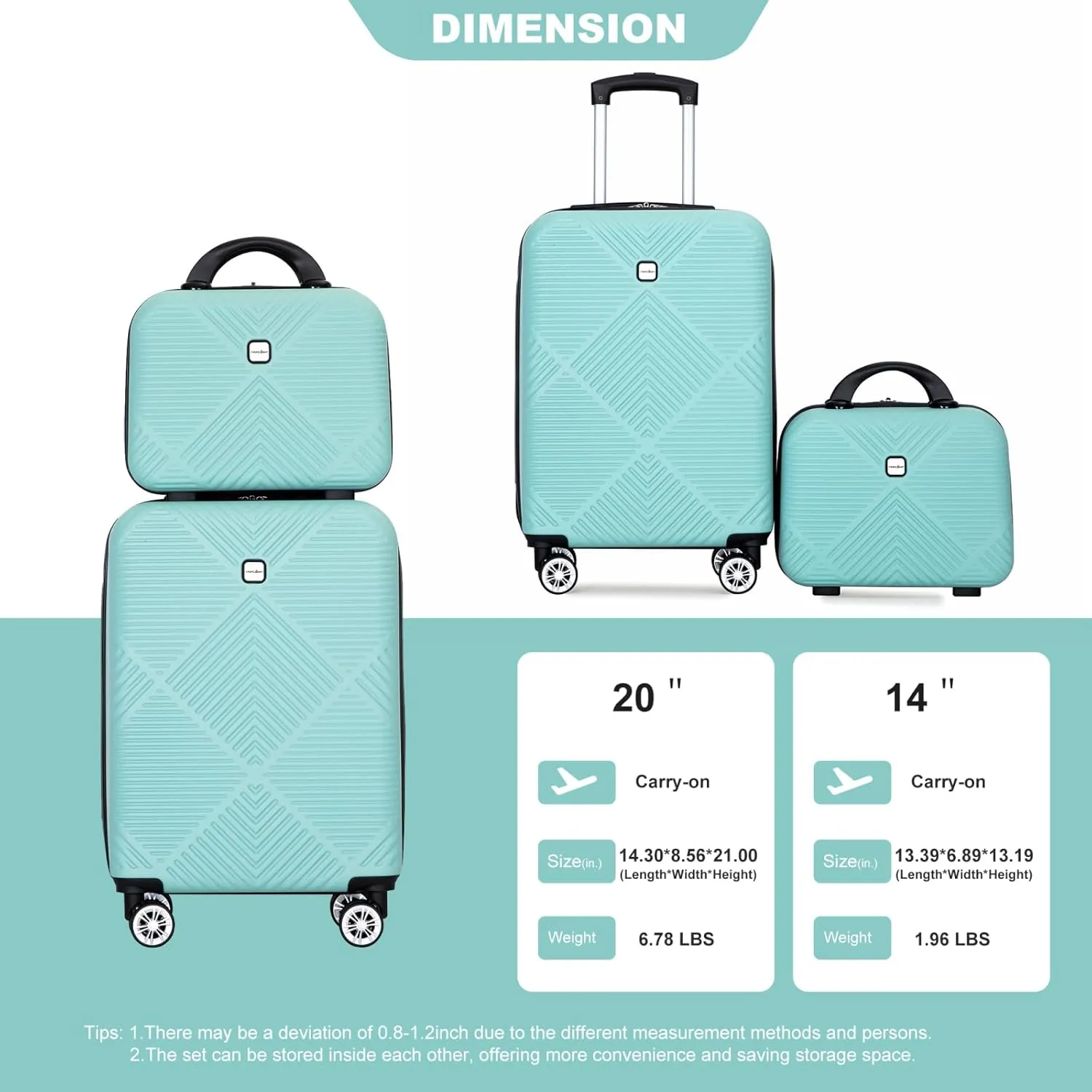 belupai 2 Piece Carry on Luggage Set,ABS HardShell Suitcase with Spinner Wheels,20" Carry On Luggage and 14" Mini Cosmetic Cases Luggage (Light Green)