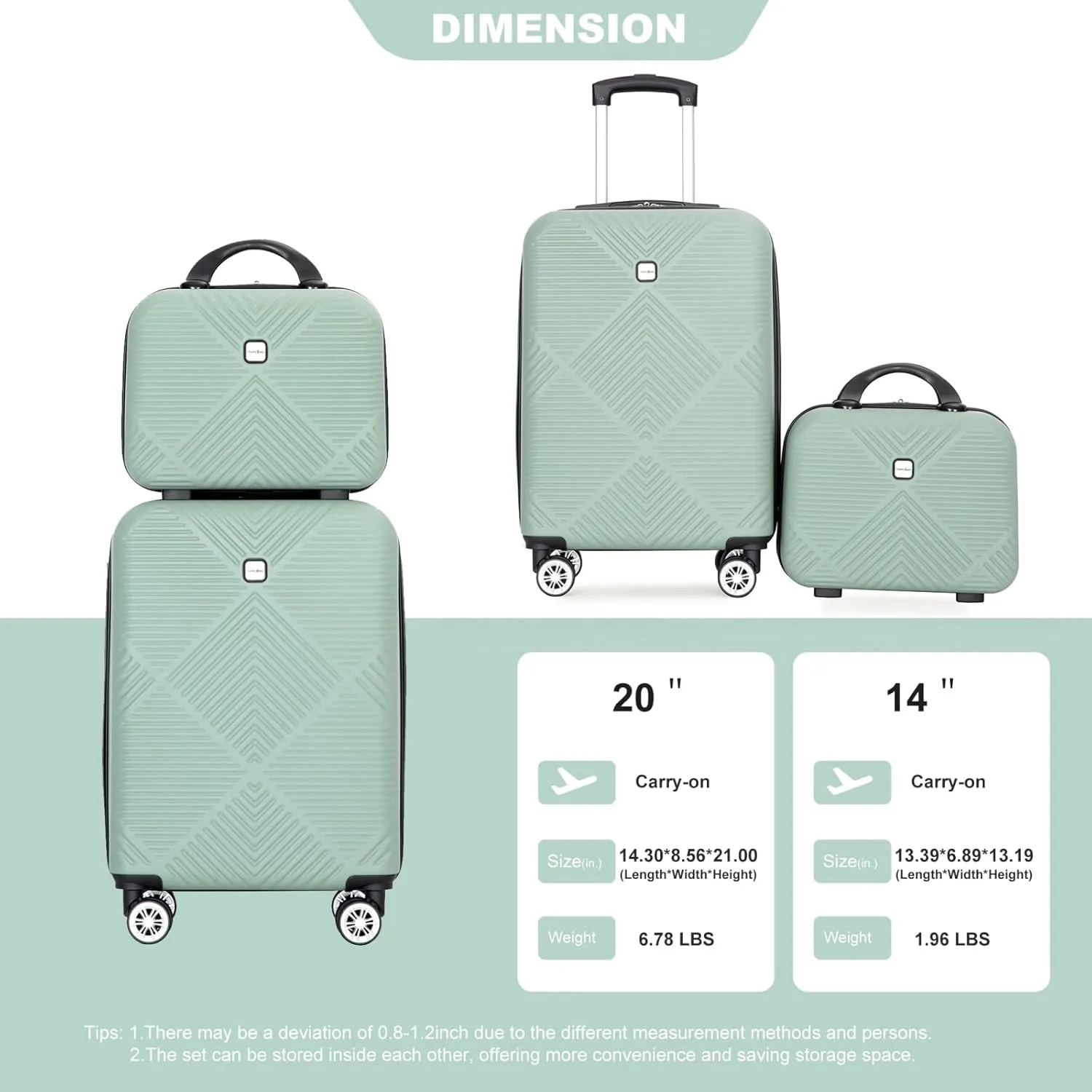 belupai 2 Piece Carry on Luggage Set,ABS HardShell Suitcase with Spinner Wheels,20" Carry On Luggage and 14" Mini Cosmetic Cases Luggage (Olive Green)