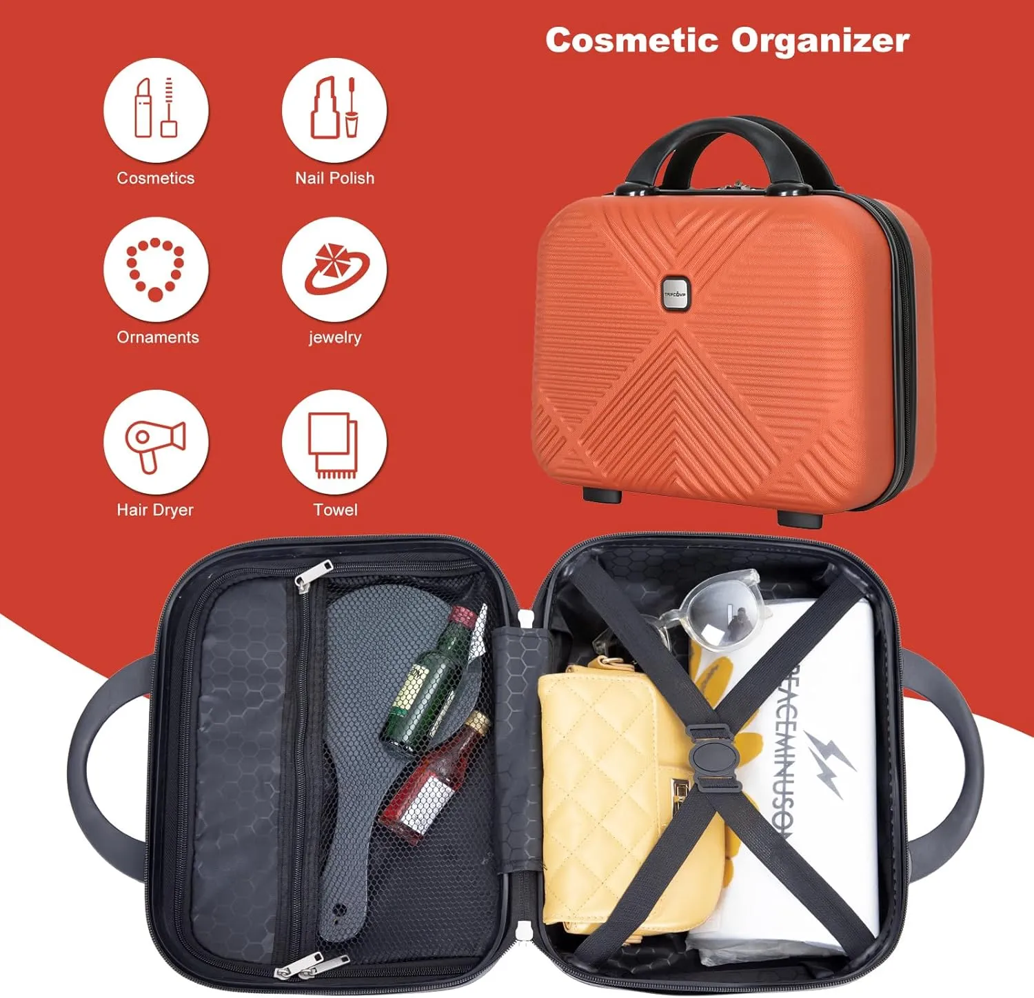 belupai 2 Piece Carry on Luggage Set,ABS HardShell Suitcase with Spinner Wheels,20" Carry On Luggage and 14" Mini Cosmetic Cases Luggage (Orange)