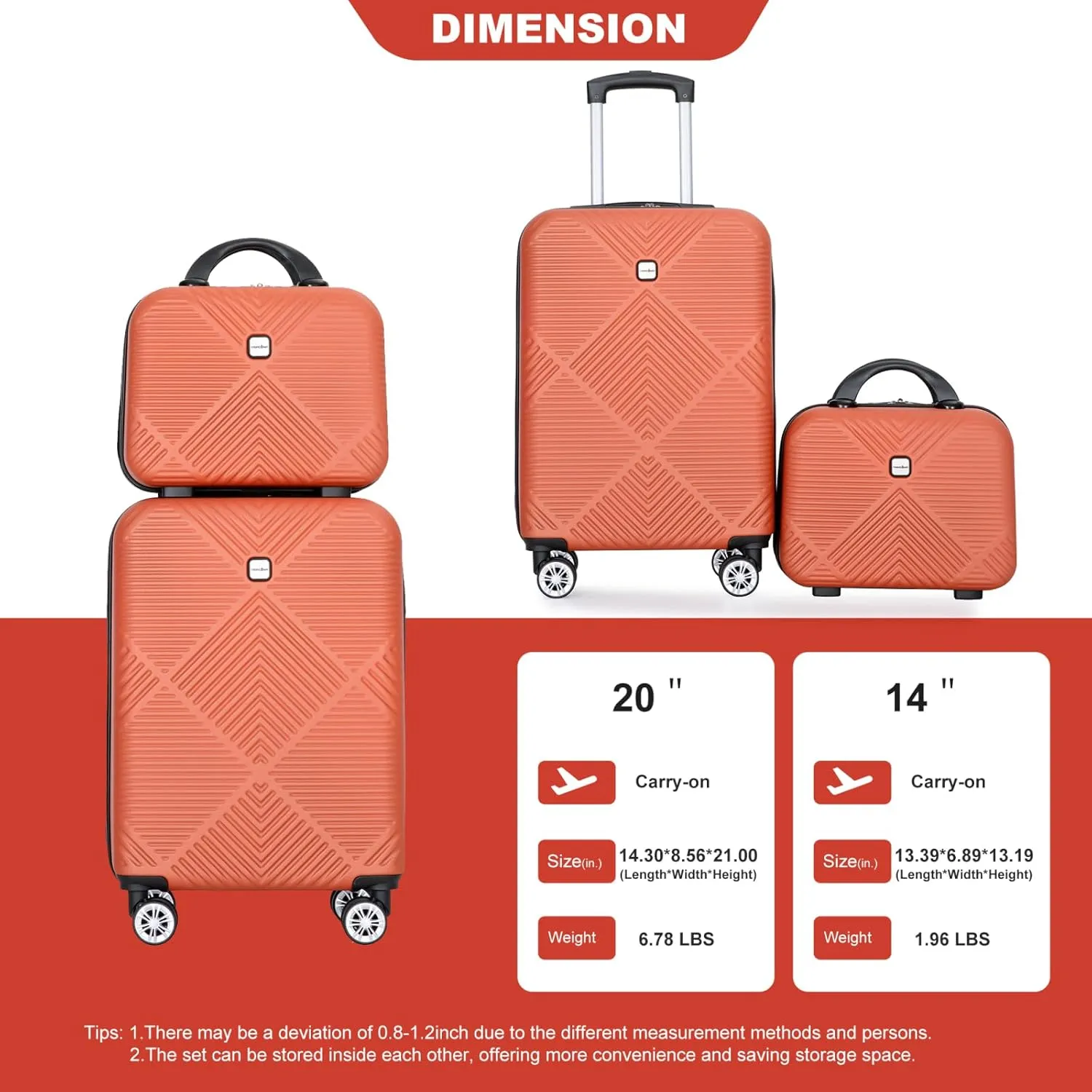 belupai 2 Piece Carry on Luggage Set,ABS HardShell Suitcase with Spinner Wheels,20" Carry On Luggage and 14" Mini Cosmetic Cases Luggage (Orange)