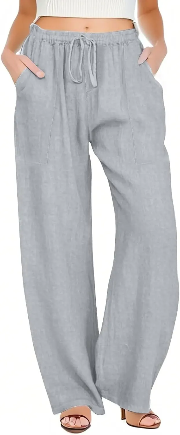 Black Pants for Women Cotton Linen Wide Leg Summer, Capris Pants for Women Trousers Cargo Flowy High Waisted