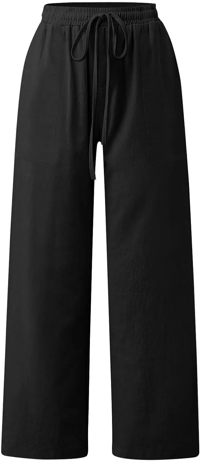 Black Pants for Women Cotton Linen Wide Leg Summer, Capris Pants for Women Trousers Cargo Flowy High Waisted