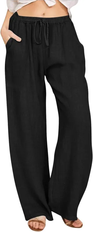 Black Pants for Women Cotton Linen Wide Leg Summer, Capris Pants for Women Trousers Cargo Flowy High Waisted