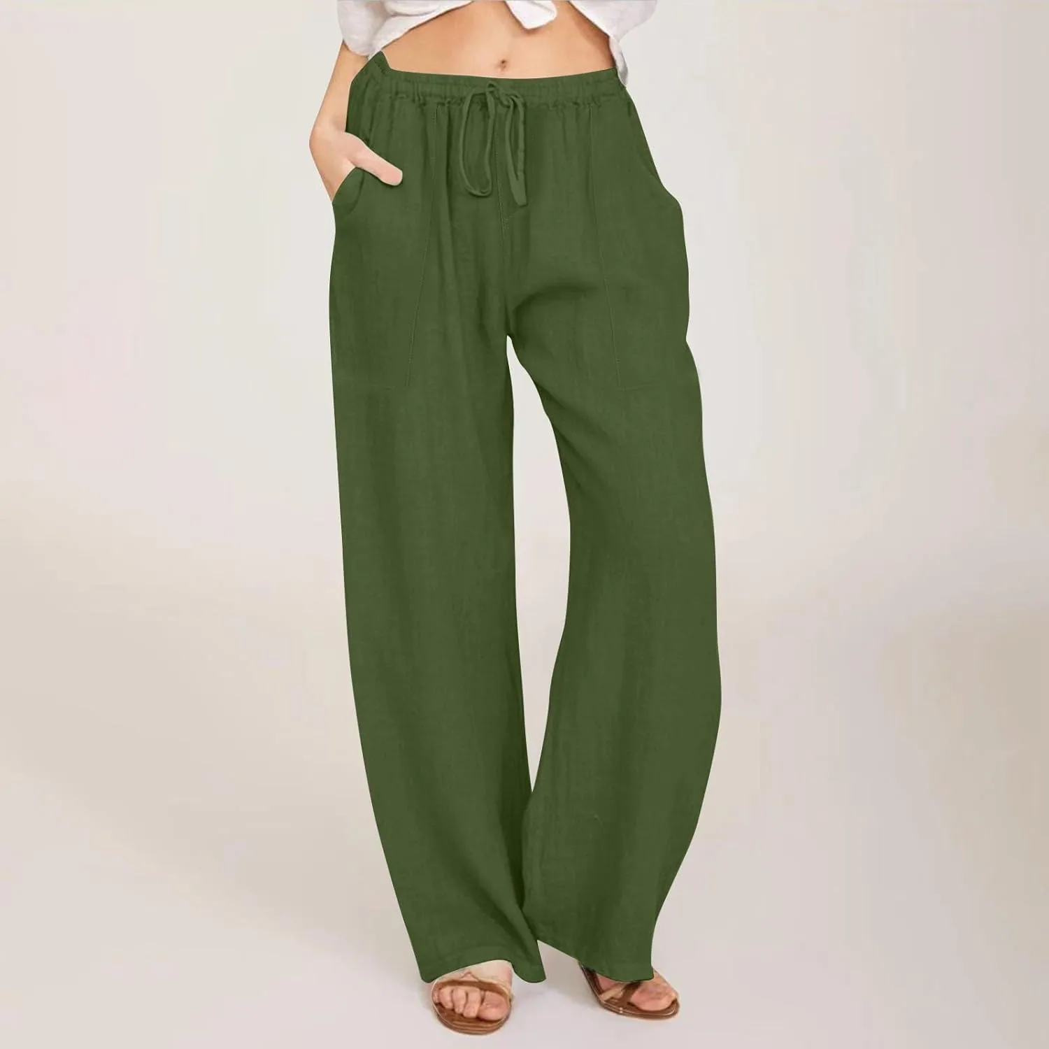 Black Pants for Women Cotton Linen Wide Leg Summer, Capris Pants for Women Trousers Cargo Flowy High Waisted