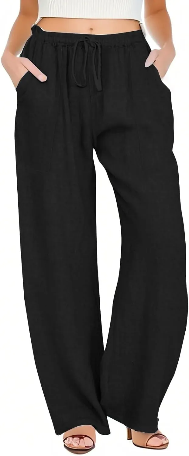 Black Pants for Women Cotton Linen Wide Leg Summer, Capris Pants for Women Trousers Cargo Flowy High Waisted