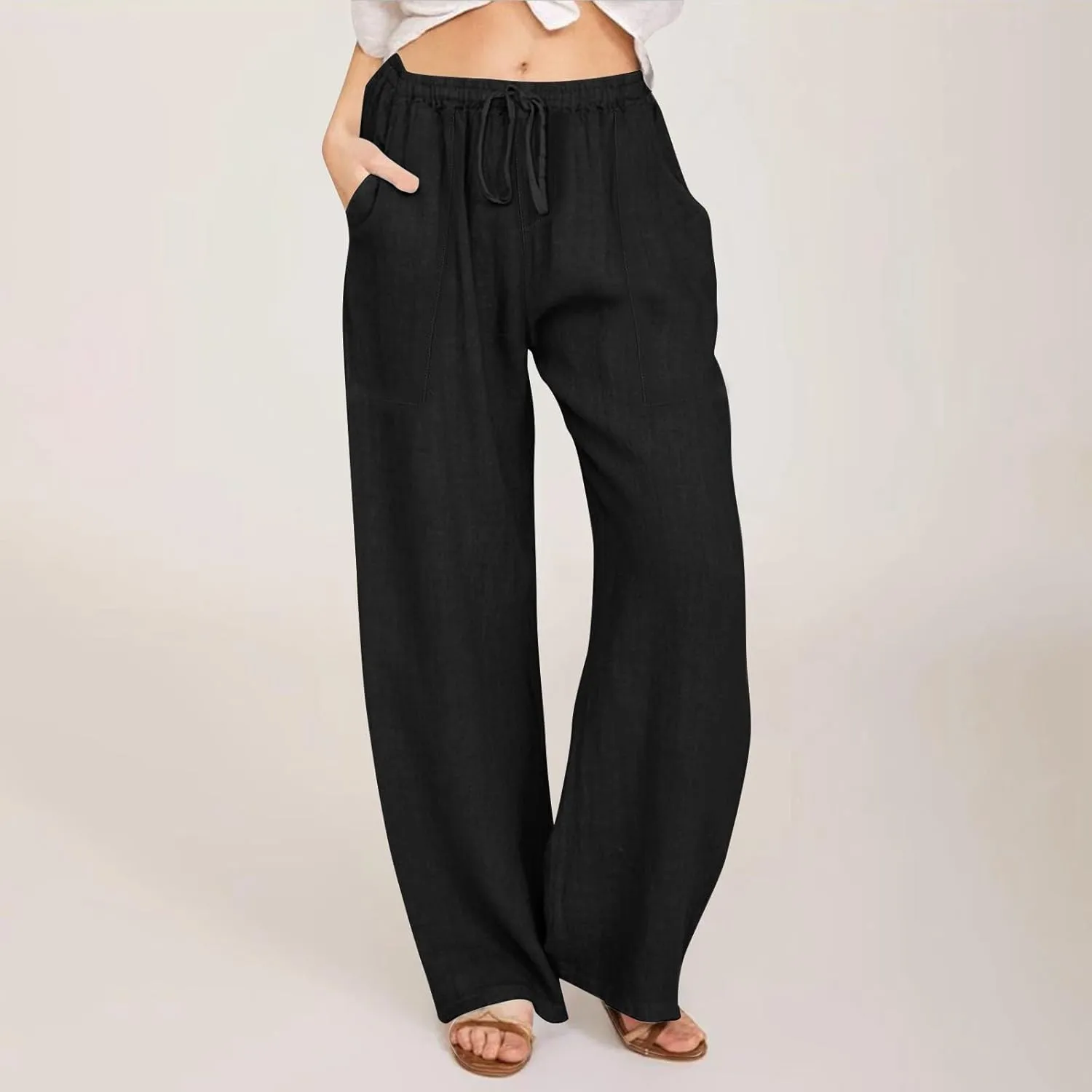 Black Pants for Women Cotton Linen Wide Leg Summer, Capris Pants for Women Trousers Cargo Flowy High Waisted
