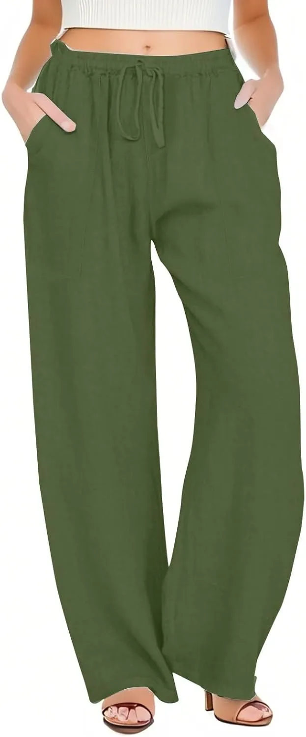Black Pants for Women Cotton Linen Wide Leg Summer, Capris Pants for Women Trousers Cargo Flowy High Waisted
