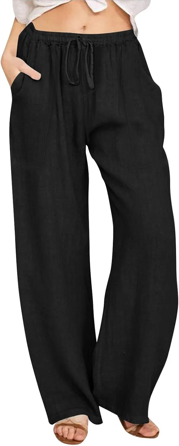 Black Pants for Women Cotton Linen Wide Leg Summer, Capris Pants for Women Trousers Cargo Flowy High Waisted