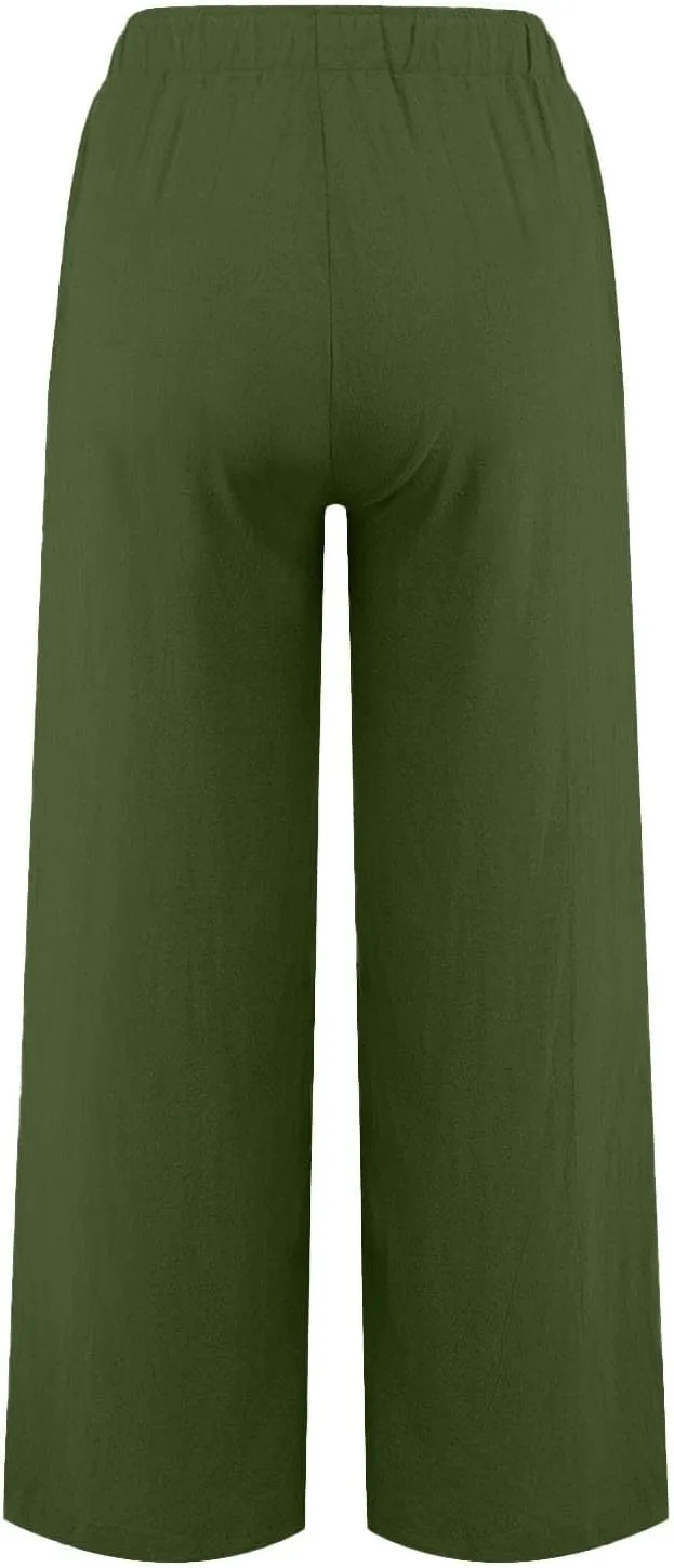 Black Pants for Women Cotton Linen Wide Leg Summer, Capris Pants for Women Trousers Cargo Flowy High Waisted