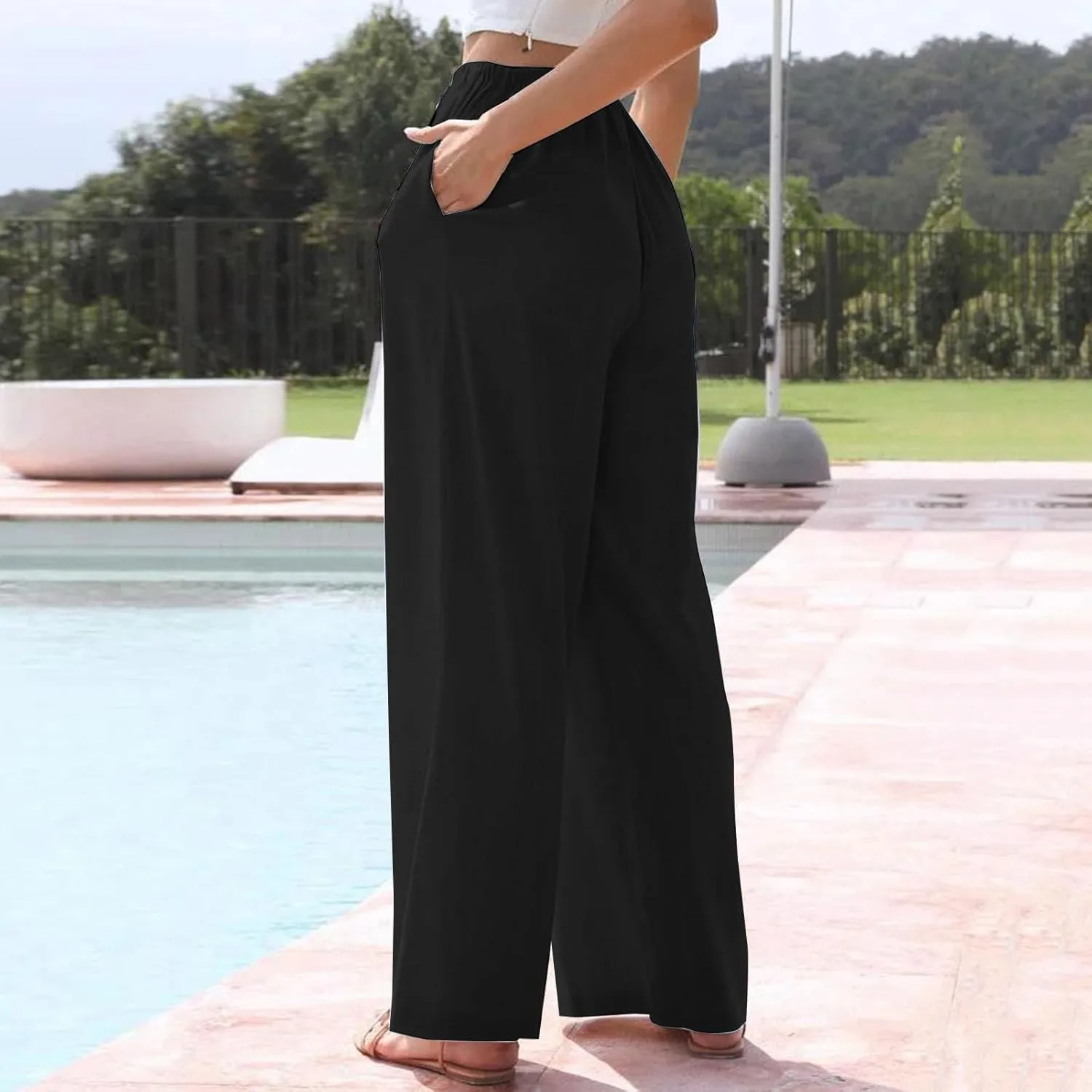 Black Pants for Women Cotton Linen Wide Leg Summer, Capris Pants for Women Trousers Cargo Flowy High Waisted