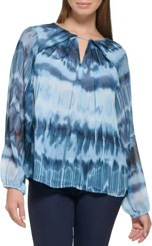 Calvin Klein Women's Everyday Long Sleeve Printed Shirred Front Blouse