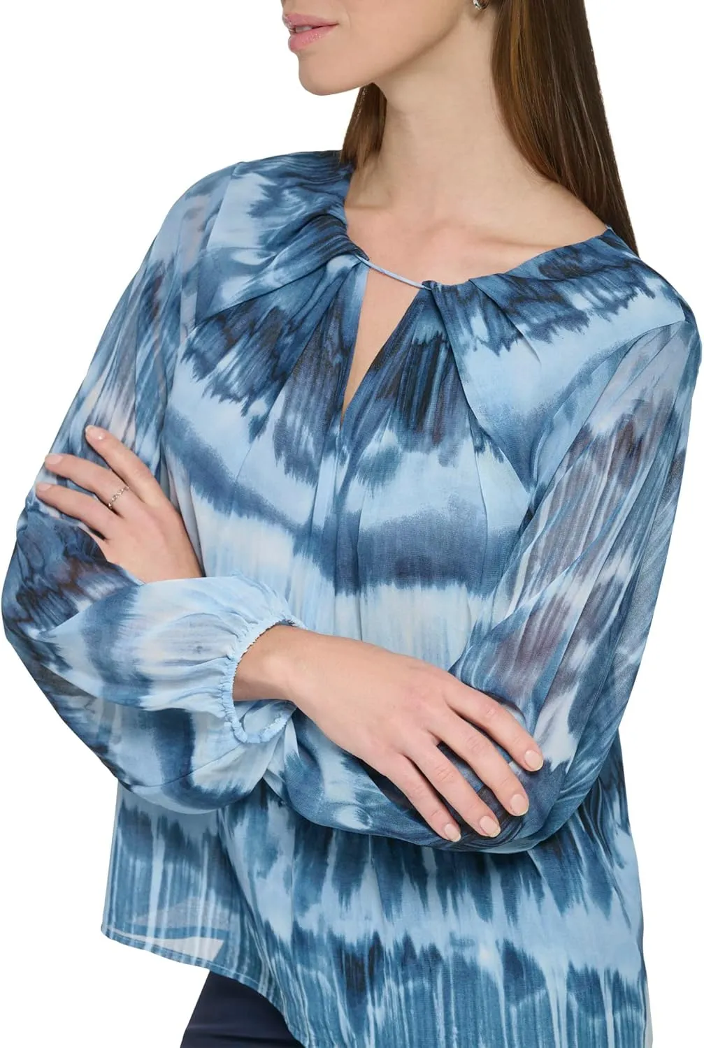 Calvin Klein Women's Everyday Long Sleeve Printed Shirred Front Blouse