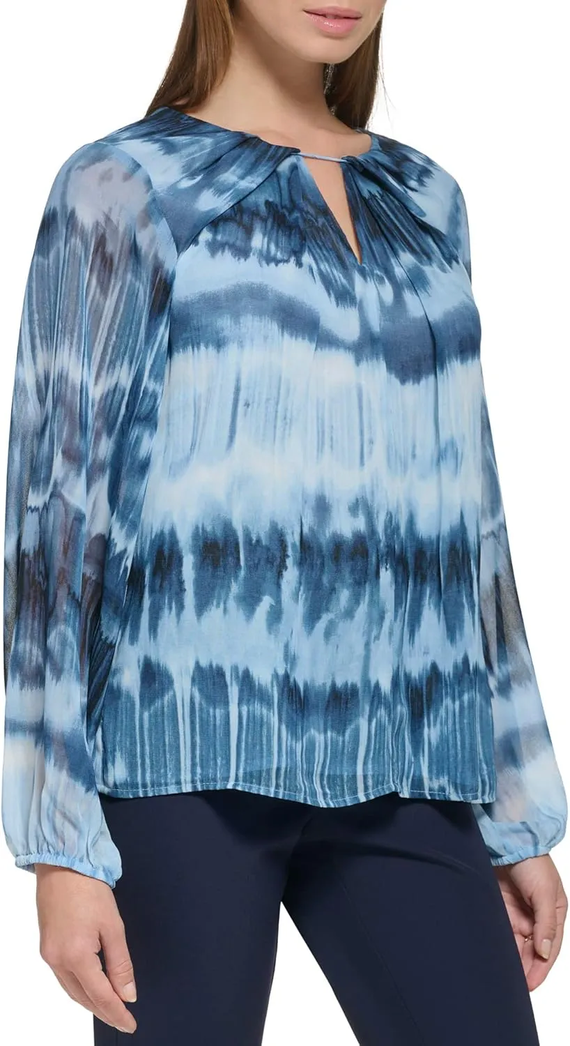 Calvin Klein Women's Everyday Long Sleeve Printed Shirred Front Blouse
