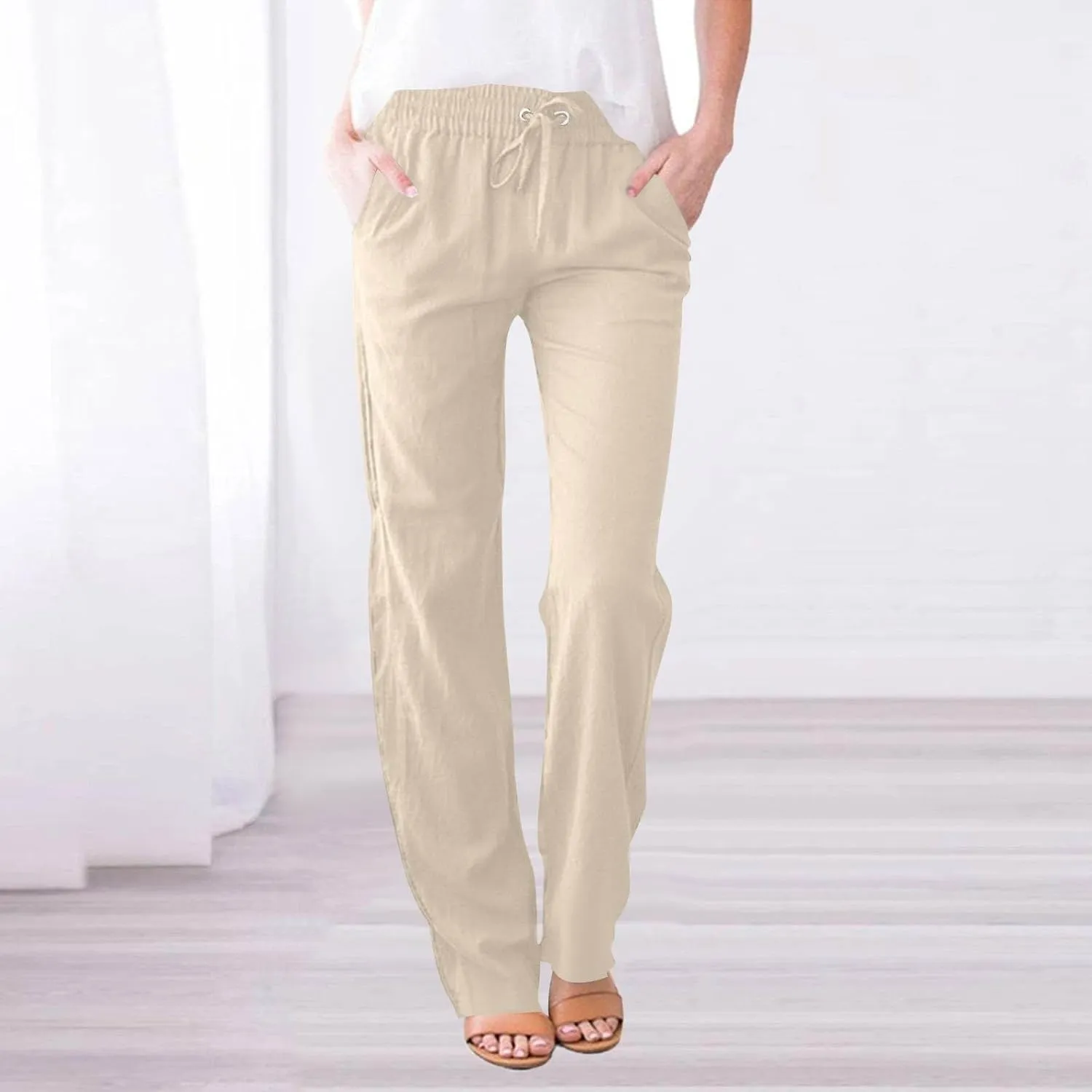 Capri Pants for Women Trousers, Petite Pants for Women Cotton Linen High Waisted Cargo Wide Leg Summer Petite
