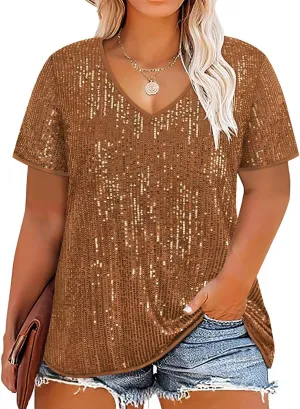 CARCOS Plus Size Sequin Top for Women Short Sleeve Party Blouse Evening Sparkle Shimmer V Neck Glitter Shirt Ladies XL-5XL