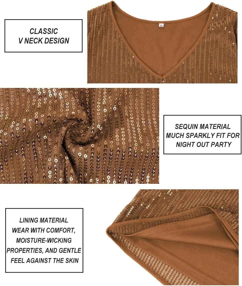 CARCOS Plus Size Sequin Top for Women Short Sleeve Party Blouse Evening Sparkle Shimmer V Neck Glitter Shirt Ladies XL-5XL