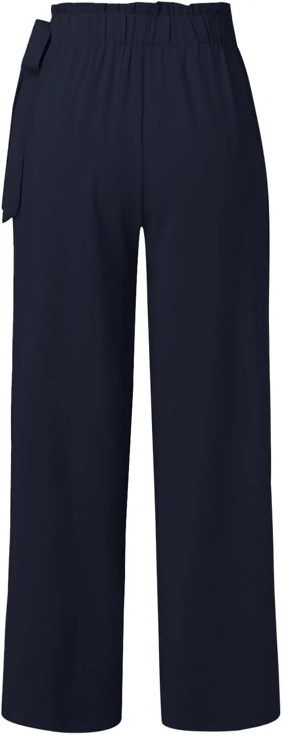 Cargo Pants Women Wide Leg Summer Trousers with Pockets Low Rise Cotton Linen, Petite Linen Pants for Women Baggy