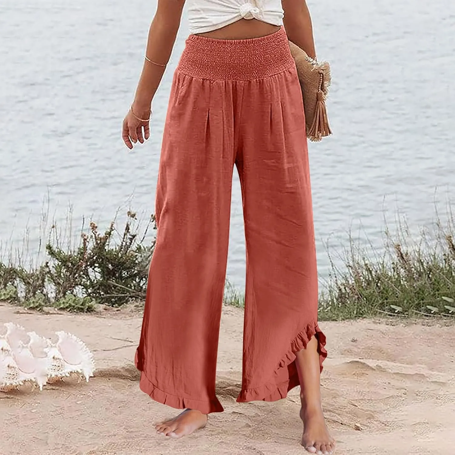 Cargo Pants Women,Womens Capris with Pockets Elastic High Waisted Linen Wide Leg Summer Pants for Women Trendy 2025
