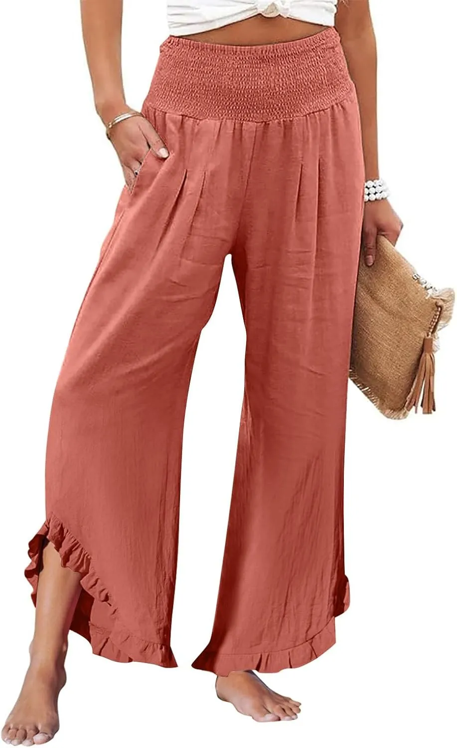 Cargo Pants Women,Womens Capris with Pockets Elastic High Waisted Linen Wide Leg Summer Pants for Women Trendy 2025