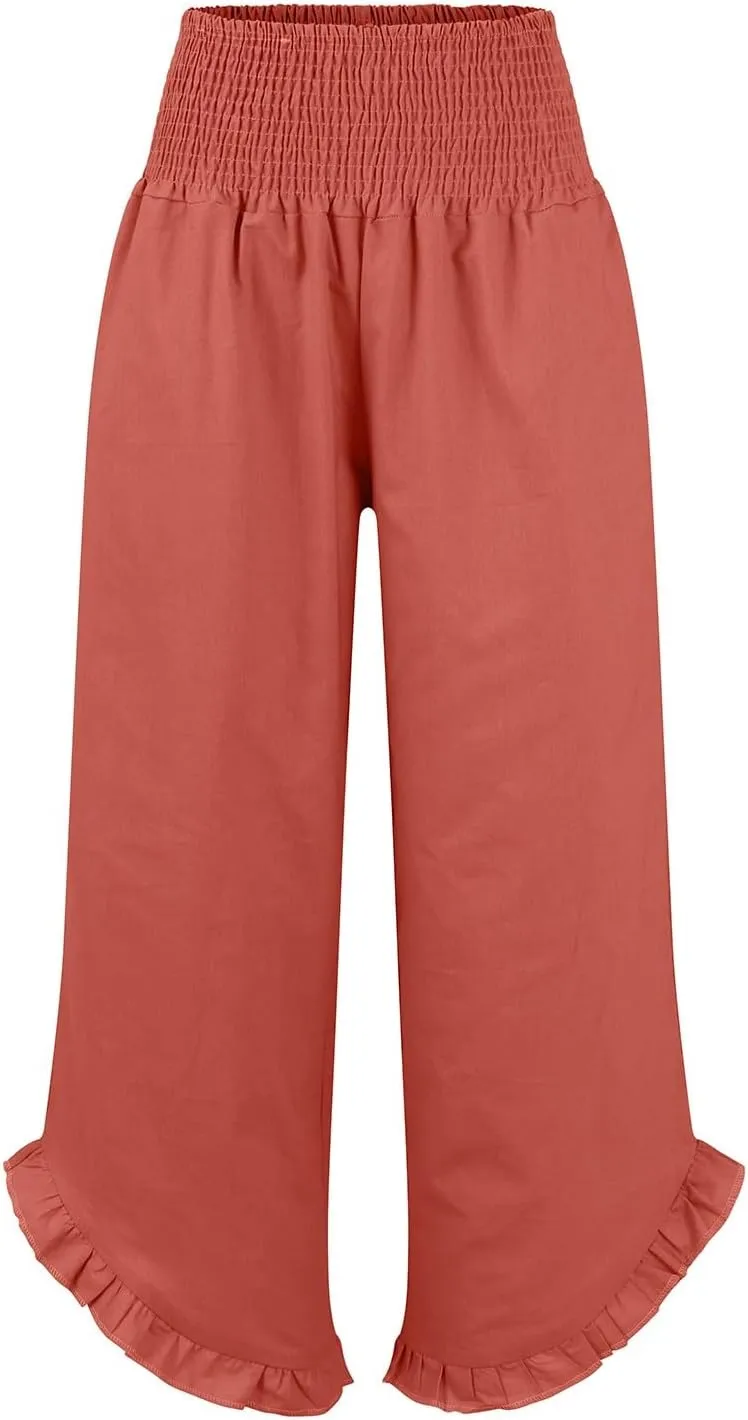 Cargo Pants Women,Womens Capris with Pockets Elastic High Waisted Linen Wide Leg Summer Pants for Women Trendy 2025
